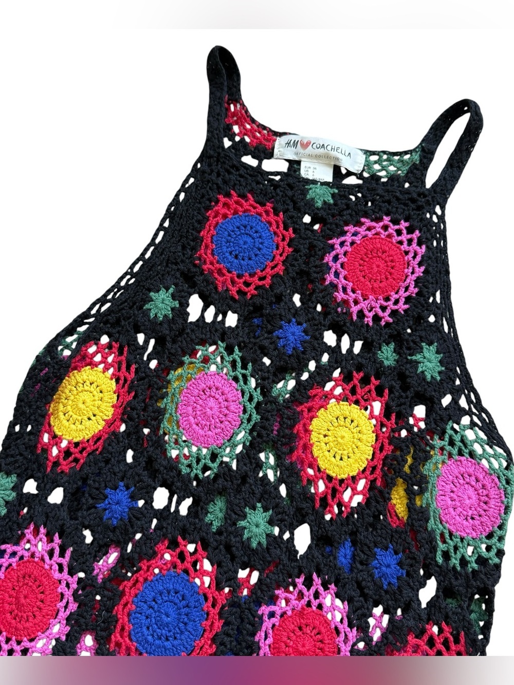 H&M Coachella Crochet Mini Dress Boho Festival Ibiza Granny Square Colorful Sz 6 - Picture 4 of 11